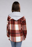 Plaid Drawstring Hooded Fleece Shacket