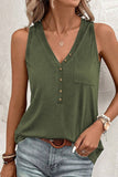 Women Half Button V Neck Patched Pocket Tank Top