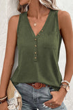 Women Half Button V Neck Patched Pocket Tank Top