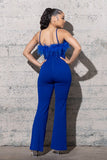 Feather Trim  BELL BOTTOM KNIT CRAPE JUMPSUIT